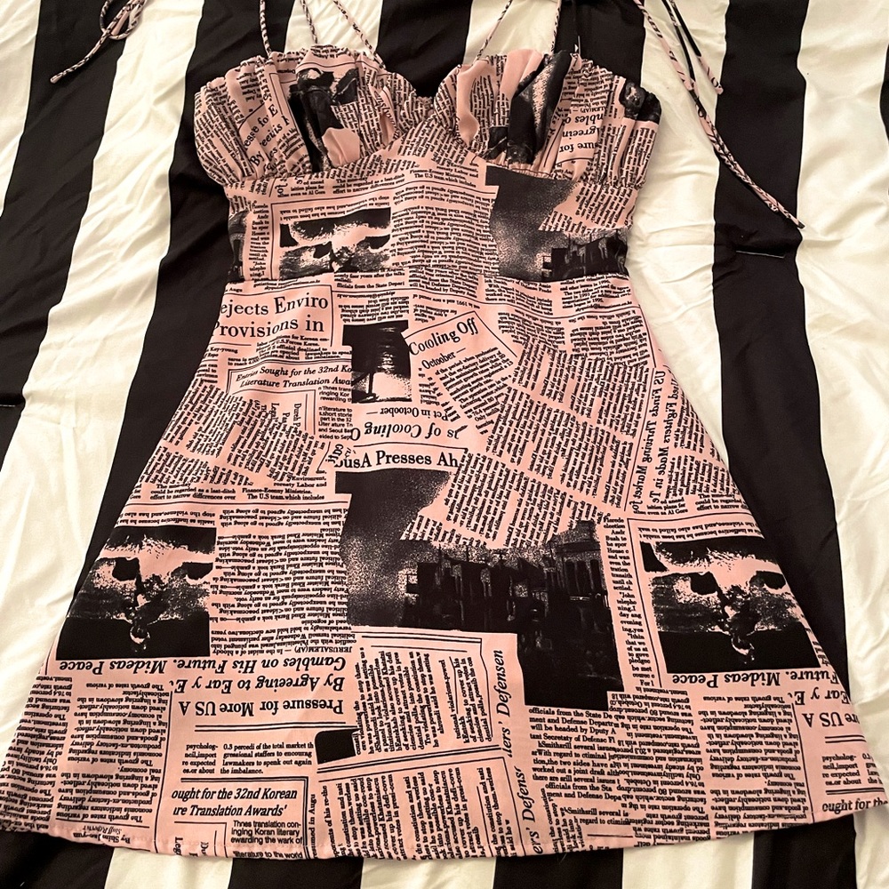 Stylish Pink & Black Newspaper Print Dress